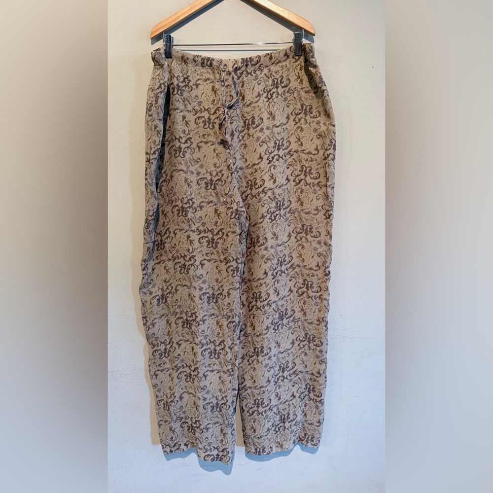 GALA Collection 100% Silk Pants Wide Leg Women L Elastic Waist Brown Lined Fall